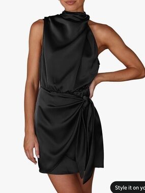 NWT PrettyGarden Black Satin Draped Halter Top Dress